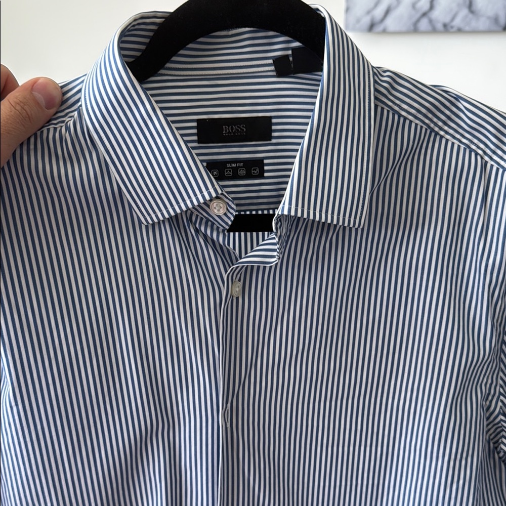 Boss Blue and White Striped Dress Shirt